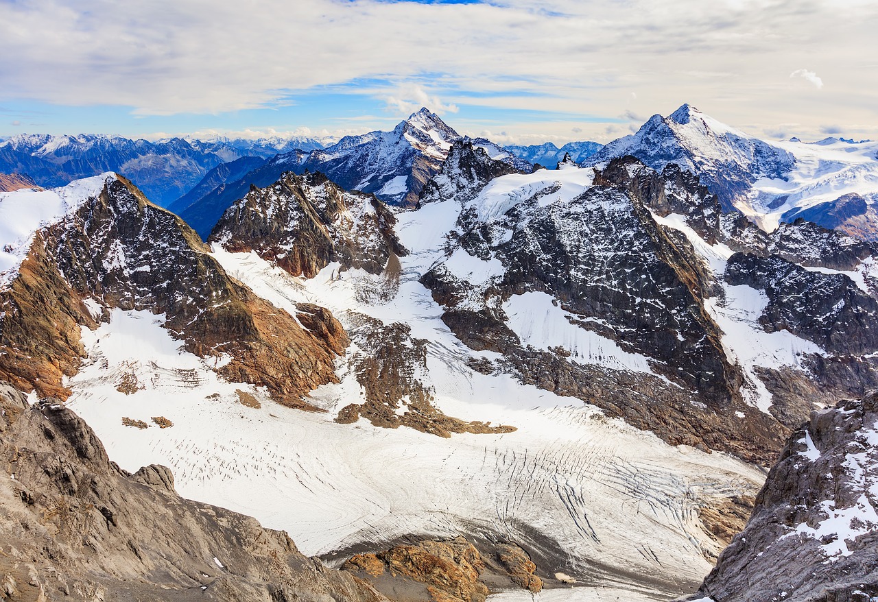 snow, mountain, panoramic, ice, mountain peak, switzerland, obwalden, swiss alps, swiss, blue sky, alps, view, titlis, mount titlis, landscape, alpine, nature, peak, snowcapped, mountain range, summit, cliff, rock, glacier, cloud, white, sky, blue, winter, wintertime, landmark, travel destination, europe, european